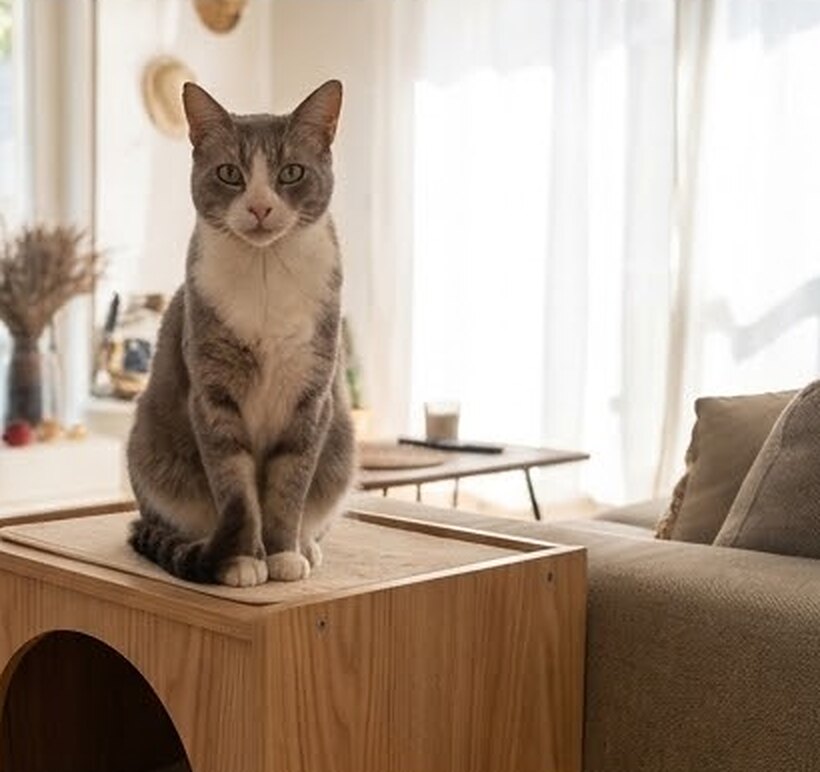 Snow, chat gris et blanc, assis sur un cube en bois dans un salon lumineux